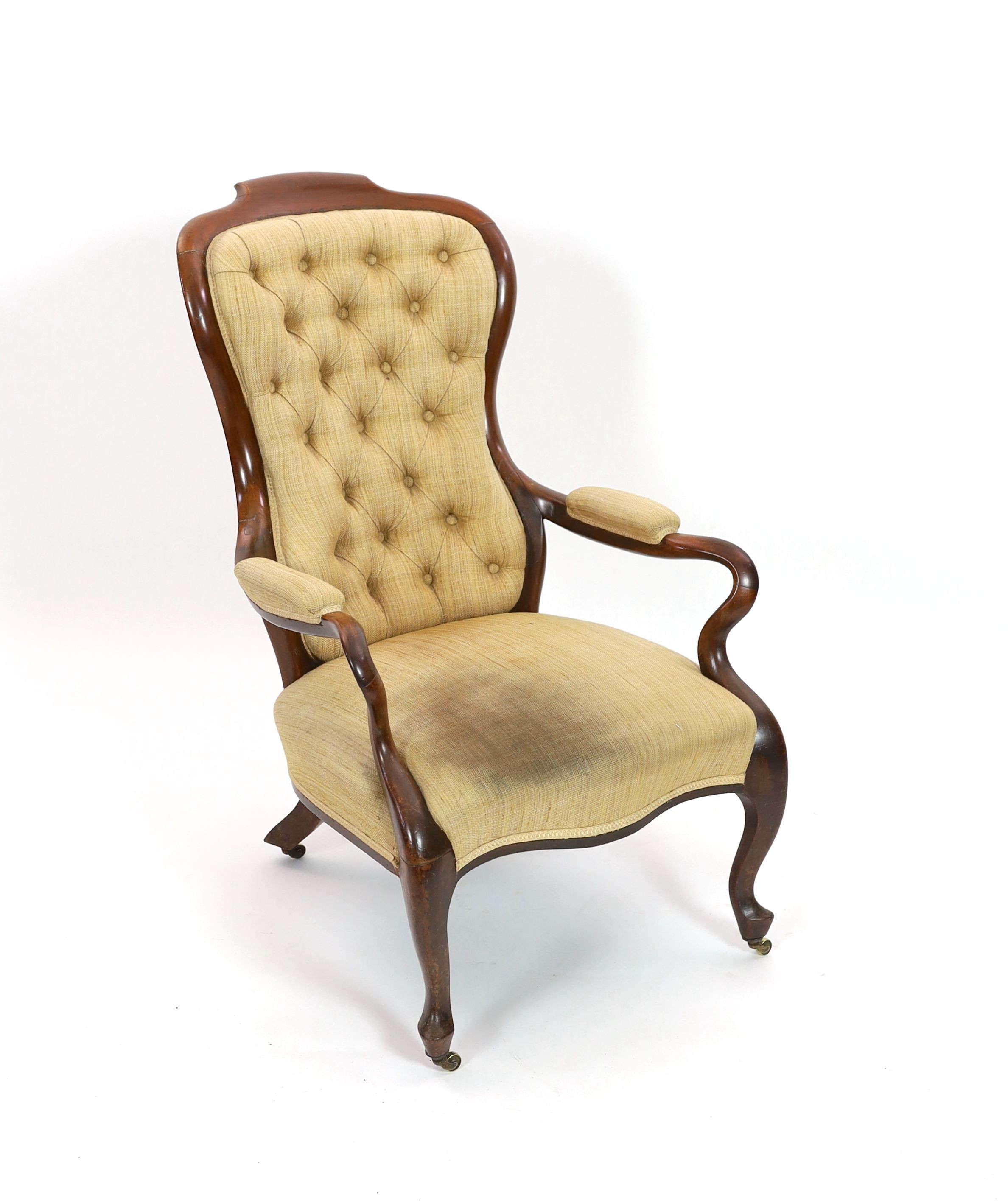 An early Victorian mahogany upholstered open armchair, width 66cm depth 90cm height 104cm